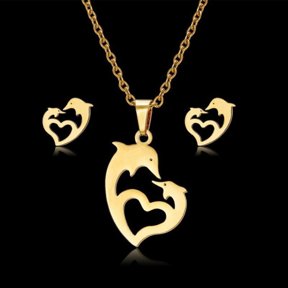 Other - Stainless Steel Hollow Dolphin Stud & Necklace Set